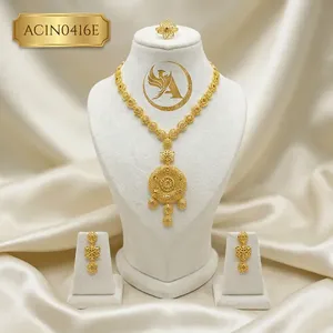 Elegant African Gold Plated Floral Short <b>Charm</b> Necklace Earrings Set for Wedding and Party Fashion Necklaces - Product Image 1