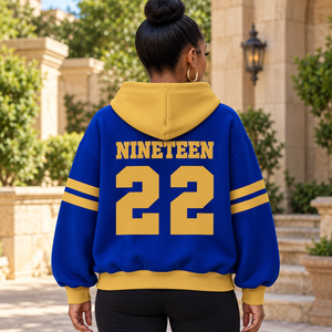 Sweat-shirt personnalisé pour la sororité Sigma Gamma Rho, logo brodé sur le devant, bleu et or, manches courtes, coton, pour femme - Product Image 3