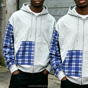 Sweat-shirt à capuche pour homme, patchwork à carreaux, coupe classique, tricot en coton décontracté, vêtements d'automne - Product Image 3