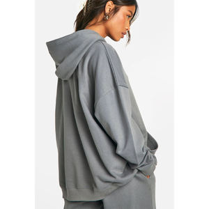 Sudadera con Capucha Extra Grande para Mujer, Color Gris Sólido, Hombros Caídos, Manga Larga, Felpa de Algodón, Ropa de Otoño - Product Image 5