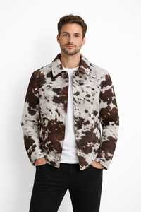 Veste Chemise Homme en Cuir Véritable Motif Peau de Vache Col Rabattu Fermeture Éclair Coupe Droite Style Motard Décontracté Hiver Personnalisable - Product Image 1