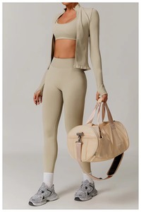 Ensemble de leggings de yoga sans couture à taille haute et manches longues, col rond, couleur unie, 2 pièces, en Spandex/Nylon extensible dans les quatre sens - Product Image 6