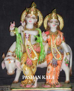 แฮนด์เมดหินอ่อนสีขาว Radha กฤษณะประติมากรรมกับวัว - Product Image 3