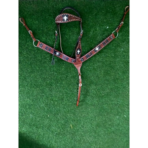 Handcrafted Western Leather Breastplate Headstall Horse Saddle Tack with Decorative Cross Design and Stainless steel Hardware - Product Image 3