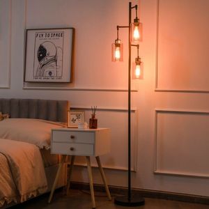 Lampada da Terra Retrò con 3 Paralumi in Vetro Ambrato Sospesi - Product Image 3