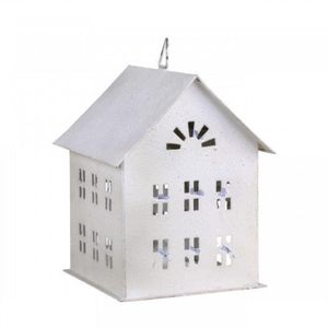 Farol de metal blanco moderno con forma de casa, portavelas decorativo de hierro con asa para decoración del hogar y eventos. - Product Image 3