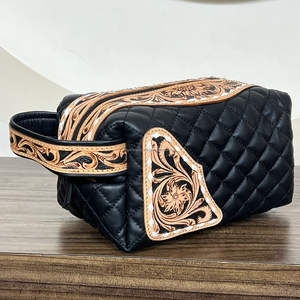 Manufacturer Customize Hand Tooled Quilted Leather <b>Cosmetic</b> Storage Fashion Durable Genuine Leather Travel Toiletry Makeup <b>Bags</b> - Product Image 4