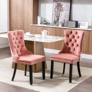 Ensemble de 2 chaises de salle à manger capitonnées haut de gamme modernes en bois massif, rembourrées en velours contemporain avec pieds en bois et garniture cloutée - Product Image 1