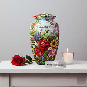 โกศบรรจุอัฐิขนาดใหญ่ลายดอกไม้สำหรับผู้ใหญ่ ทำด้วยโลหะ งานแฮนด์เมด พร้อมฝาปิดแน่นหนาและถุงกำมะหยี่ - Product Image 1