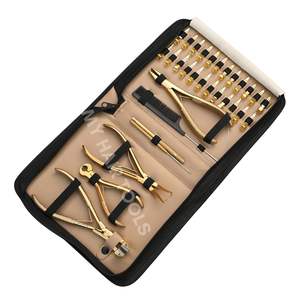 Kit de herramientas todo en uno de acero inoxidable dorado para extensiones de cabello con crimpadora de cuentas planas, alicates para extensiones de cinta, clips, gancho de bucle y cortador de adhesivos - Product Image 1