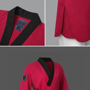 Tenues de compétition de Taekwondo pour combattants, hauts personnalisés élastiques, tendance unisexe, approuvés WT, 100% polyester, durables, séchage rapide, devant - Product Image 3