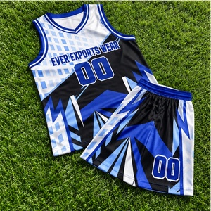 Ensemble short et maillot de basket bleu et blanc avec empiècements géométriques, sans manches, col en V, uniforme d'équipe, marque privée, vente en gros - Product Image 1