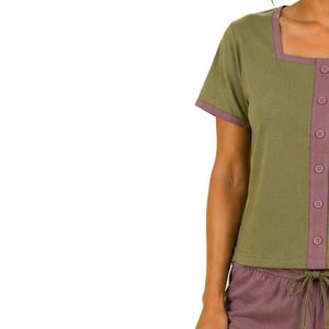 Olive Green And Mauve Women Two Piece Shorts Set Square Neck Button <b>Top</b> Floral Butterfly Print Casual Summer Cotton Lounge Wear - Product Image 3