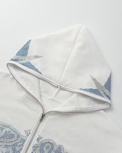 Wholesale Custom <b>White</b> Men Hooded <b>Zip</b>-<b>Up</b> Sweatshirt Cotton Knitted Glitter Letter Print Casual Autumn Wear Regular Fit - Product Image 3