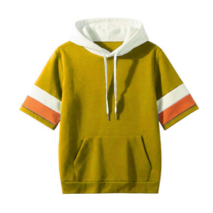 เสื้อฮู้ดแขนสั้นขายส่ง สีตัดกันที่แขนเสื้อ เสื้อฮู้ดฤดูร้อนแบบเรียบๆ เสื้อยืดมีฮู้ดแบบสวมหัวสำหรับผู้ชาย สกรีนโลโก้ตามสั่ง - Product Image 4