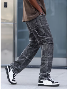 Pantalones Vaqueros Casuales de Corte Moderno para Hombre, Cómodos para el Día a Día, Pantalones Cargo de Mezclilla Lavada con Múltiples Bolsillos y Cintura Media - Product Image 4