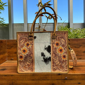Hochwertige echte hand gefertigte Sonnenblumen-Einkaufstasche aus echtem Rindsleder Verdeckte Trage tasche Western Carving Leder handtasche - Product Image 4