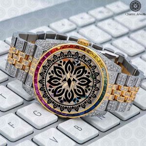 Montre de luxe pour homme Charm_Jewells en acier inoxydable, 40 mm, lunette sertie de diamants arc-en-ciel, analogique, mécanique, boîtier carré, étanche 10 bars - Product Image 4