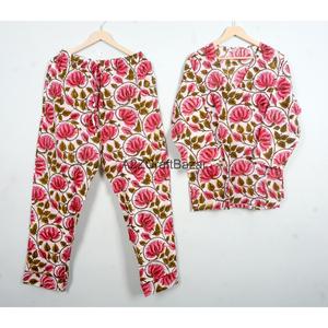 Conjunto de Pijama de Algodón Floral de 2 Piezas para Mujer, Manga Larga, Cuello en V, Cintura con Cordón Ajustable, Ropa de Dormir Informal - Product Image 4