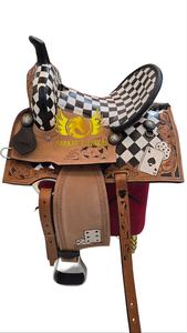 Selle Western haut de gamme en cuir véritable écologique, à carreaux noir et blanc, avec cadre en bois et ferrures en laiton et cuivre - Product Image 2