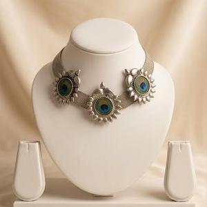 DIVYORO Oxidized Silver Mesh <b>Long</b> Adjustable <b>Necklace</b> with Peacock-Inspired Stone Settings for Women's Wedding Occasion - Product Image 1