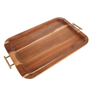 Plateau décoratif rectangulaire en bois, design minimaliste, emballage individuel, avec poignées en laiton - Product Image 1