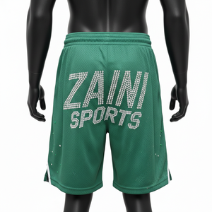 กางเกงกีฬาผู้ชายผ้าโพลีเมชคุณภาพสูง สีเขียวป่า แต่งแถบข้างตัดสี พิมพ์ลายสกรีน ประดับคริสตัล โลโก้สั่งทำพิเศษ กางเกงตาข่ายผู้ชาย - Product Image 2