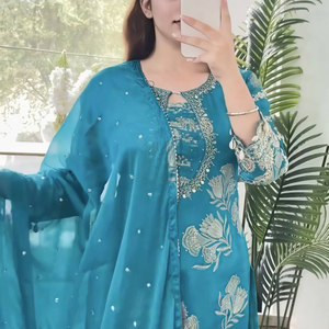 Blue Floral <b>Indian</b> Pakistani Set Embroidered Long <b>Top</b> Lace Hem Palazzo Pants Festive Salwar Kameez Outfit - Product Image 2