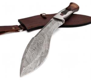 Cuchillo de exterior hecho a mano con acero de Damasco, hoja curvada hacia adelante, mango de madera de nogal y funda de cuero. - Product Image 3