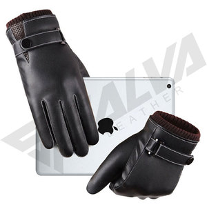 Wholesale Men Black Touchscreen Black Fashion <b>Button</b> Fleece-Warm Driving Goatskin-Pu Leather Gloves From Pakistan - Product Image 4