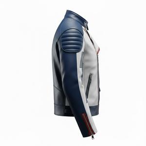 เสื้อแจ็คเก็ตมอเตอร์ไซค์หนังแท้สำหรับผู้ชาย สีน้ำเงินขาว ลายสายฟ้า  แบบนักแข่ง  บุไหล่  รับผลิตตามแบบ (OEM) ขายส่งจากโรงงาน - Product Image 4