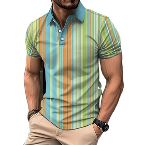 เสื้อโปโลสีบล็อกลายทางพิมพ์ลาย3D สำหรับผู้ชายเสื้อแนวสตรีททรงหลวมสีสันสดใสมีกระดุมสำหรับฤดูร้อน - Product Image 1