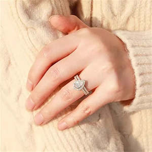 RB Gems Anillo de compromiso y banda a juego de plata de ley 925 con moissanita, diseño de halo en forma de pera, conjunto nupcial atemporal para mujer, joyería fina - Product Image 4