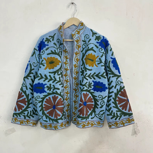 <b>Vintage</b> Suzani Hand Embroidered Jacket Blue Cotton Boho Floral Outerwear Women <b>Stand</b> Collar <b>Coat</b> - Product Image 1
