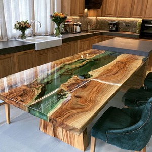 Table à manger en bois faite à la main avec dessus en résine époxy verte, style moderne, rectangulaire, pieds en bois - Product Image 2