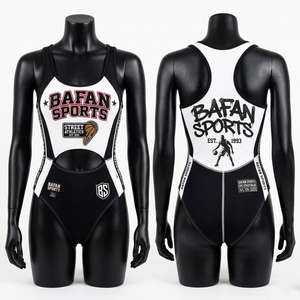 ชุดว่ายน้ำพรีเมียม 240 GSM โพลีเอสเตอร์ผสมอีลาสเทน สีน้ำเงิน-ส้ม แบบ Racerback พร้อมโลโก้แบบรีดร้อนตามสั่ง สำหรับผู้หญิง - Product Image 2