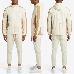 Chándal para hombre color crema con bloques de color, con capucha y cremallera, manga larga, informal, para primavera, corte regular, poliéster y algodón, con bolsillos laterales - Product Image 1