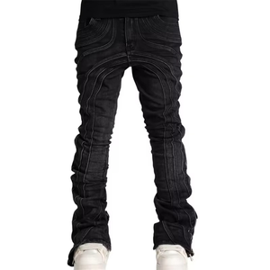 Jeans de mezclilla lavados de corte holgado para hombre, estilo urbano, apilados y acampanados con detalles de cremallera personalizados, de moda. - Product Image 6