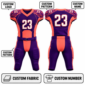 Ensemble Maillot et Pantalon de Football Américain Personnalisé Sublimé pour Homme, Col en V, Violet Orange, Anti-humidité, Coupe Ajustée - Product Image 1
