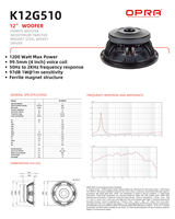 OPRA K12G510 1200W 12 pouces Haut-parleur de graves professionnel avec bobine de 4 pouces, moteur en ferrite, audio haute résolution 8 ohms pour intégration dans les systèmes de sonorisation
