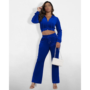 Women's Blue Velvet Cropped Hoodie And Jogger <b>Pants</b> Set Full Zip Long Sleeve Loose Fit Casual Two Piece Tracksuit With Pockets - Product Image 5