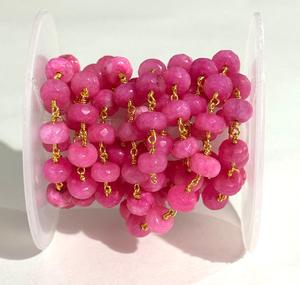 8mm Natural Pink Gemstone Beaded Chain Gold Plated Wire Wrapped Rosary Chain Jewelry Making DIY Supplies - Product Image 1
