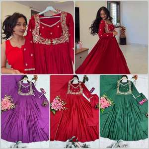 Vestido Anarkali de Seda Chinon Pesada al por Mayor con Bordado de Espejo Real y Lentejuelas Codificadas, Traje de Fiesta Completamente Cosido, Talla 44 - Product Image 4