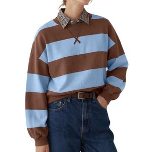 Custom Bold Block Striped Sky <b>Blue</b> Brown Crewneck Heavy Cotton <b>Fleece</b> Drop Shoulder Loose Retro Outer Oversized Sweatshirts - Product Image 3