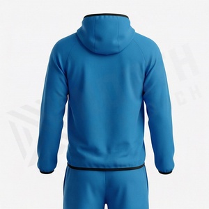 Survêtement bleu à capuche pour homme, manches longues, couleur unie, vêtements de sport décontractés, respirant, en polyester, pour l'automne, coupe classique, avec cordon de serrage - Product Image 2