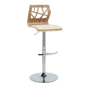 Tabouret de bar réglable Folia de style moderne du milieu du siècle, en métal chromé et bois zèbre, avec revêtement en similicuir crème, pivotant et pied en T arrondi - Product Image 2