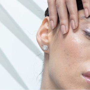 18K White Gold Oval Cut Diamond & Pearl Cluster Halo Stud <b>Earrings</b> - Product Image 4