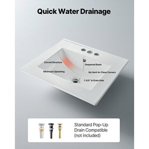 Lavabo rettangolare in ceramica bianca da 20,08 x 18,31 pollici con troppopieno, semi-incasso, per bagno, con 3 fori per rubinetto, stile a goccia - Product Image 5