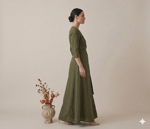 Vestido Mini de Lino Verde Oliva con Cuello en V, Manga Tres Cuartos, Cinturón Cruzado, Ajuste Holgado, Cintura Natural, Estilo Casual de Primavera, Vintage, Bordado - Product Image 1