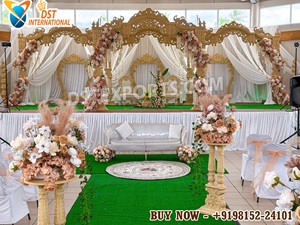 Mandap de Madera para Ceremonia de Boda Gujarati, Mandap Redondo Dorado de Lujo al por Mayor con Pilares Romanos Tallados, Australia - Product Image 6